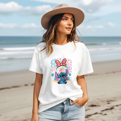 Cute Stitch Castle T-Shirt – Minnie Bow, Fireworks & Floral Gift Design | Stitch Disney Castle Shirt – Fireworks & Flowers Magic Tee for Women & Kids