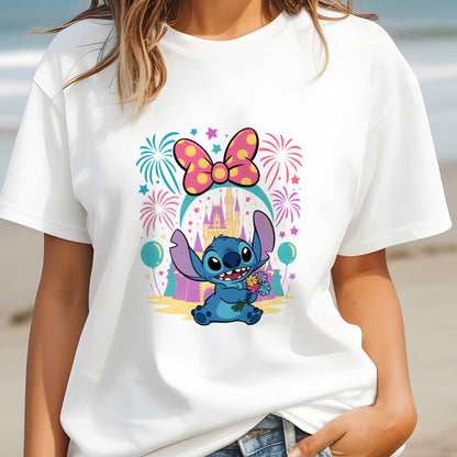 Cute Stitch Castle T-Shirt – Minnie Bow, Fireworks & Floral Gift Design | Stitch Disney Castle Shirt – Fireworks & Flowers Magic Tee for Women & Kids