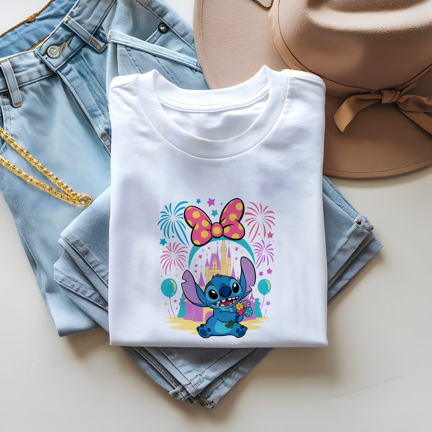 Cute Stitch Castle T-Shirt – Minnie Bow, Fireworks & Floral Gift Design | Stitch Disney Castle Shirt – Fireworks & Flowers Magic Tee for Women & Kids