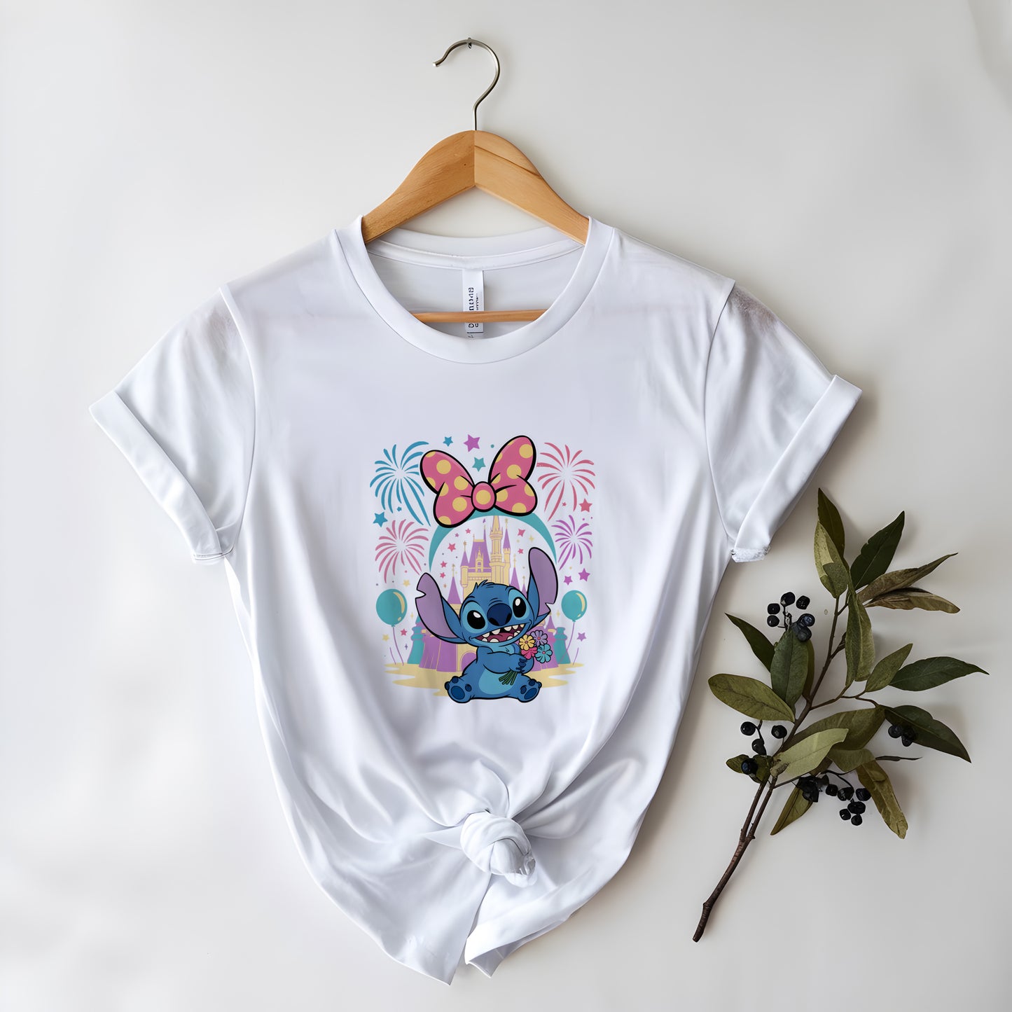 Cute Stitch Castle T-Shirt – Minnie Bow, Fireworks & Floral Gift Design | Stitch Disney Castle Shirt – Fireworks & Flowers Magic Tee for Women & Kids