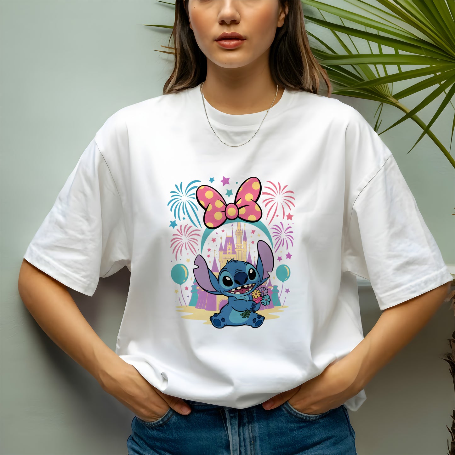Cute Stitch Castle T-Shirt – Minnie Bow, Fireworks & Floral Gift Design | Stitch Disney Castle Shirt – Fireworks & Flowers Magic Tee for Women & Kids