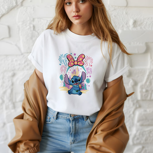 Cute Stitch Castle T-Shirt – Minnie Bow, Fireworks & Floral Gift Design | Stitch Disney Castle Shirt – Fireworks & Flowers Magic Tee for Women & Kids