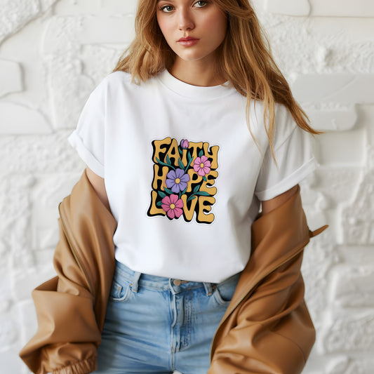 Faith Hope Love Shirt – Christian Retro Floral T-Shirt – 70s Inspired Scripture Tee | Christian Floral T-Shirt – Faith Hope Love Tee – Retro Positive Quote Shirt