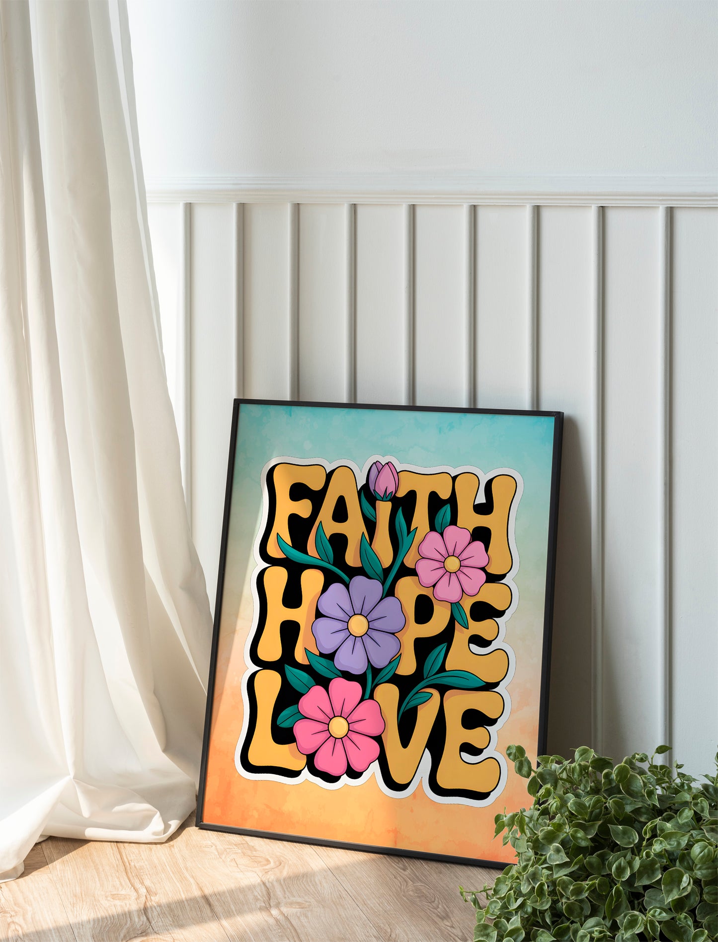 Faith Hope Charity Christian Art - Elegant Handwritten Typography Bible Verse Wall art, Christian Values Art for Women