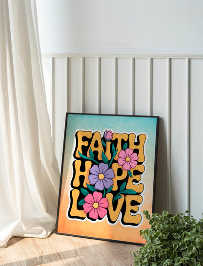 Faith Hope Charity Christian Art - Elegant Handwritten Typography Bible Verse Wall art, Christian Values Art for Women