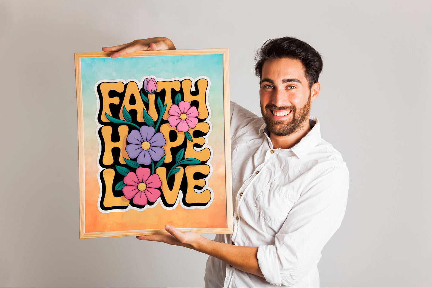 Faith Hope Charity Christian Art - Elegant Handwritten Typography Bible Verse Wall art, Christian Values Art for Women