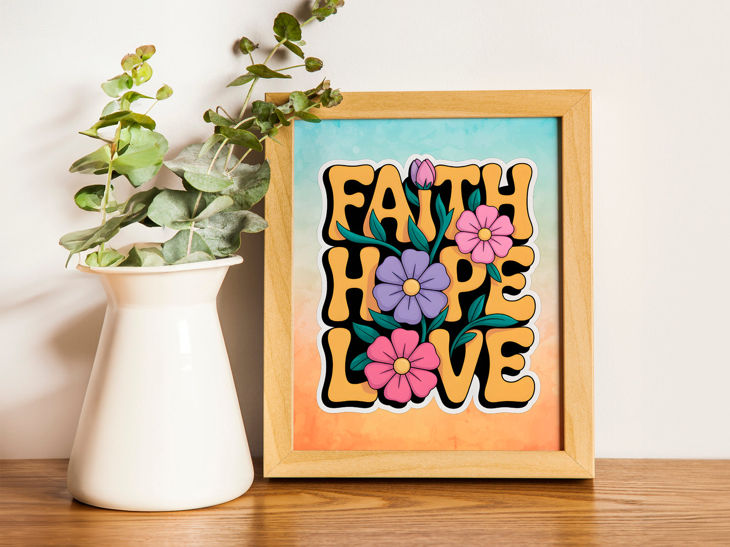 Faith Hope Charity Christian Art - Elegant Handwritten Typography Bible Verse Wall art, Christian Values Art for Women