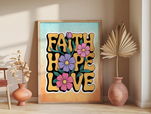 Faith Hope Charity Christian Art - Elegant Handwritten Typography Bible Verse Wall art, Christian Values Art for Women