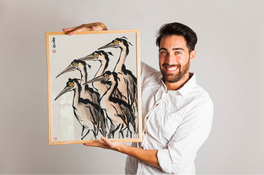 Japanese Crane Watercolor Art, Vintage Farmhouse Decor, Elegant Wall Painting for Home.