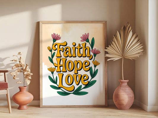 Faith Hope Love Retro Christian Art - 1 Corinthians 13:13 Scripture Wall art, Inspirational Vintage Style Design for Women and Youth