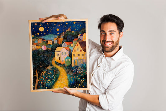 Klimt Moon and Stars Print, Village Night Art, Exhibition Poster, Housewarming Gift for Art Enthusiasts