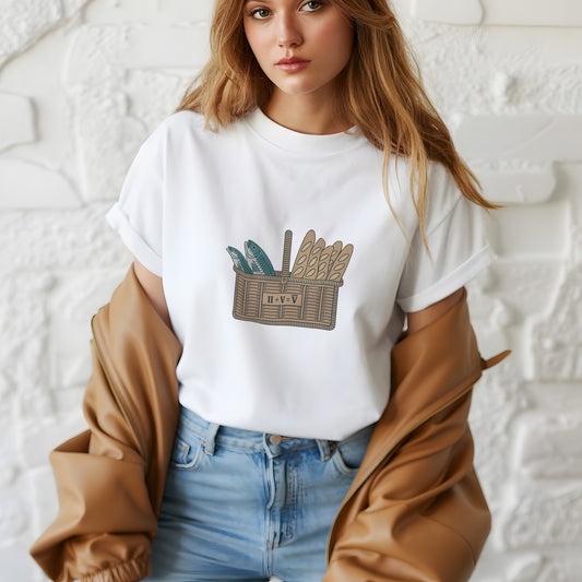 Loaves and Fishes Shirt – Christian Math Tee – II + V = V̅ Bible Humor | Feeding the Multitude Shirt – Faith + Humor Tee – Unique Christian Gift Idea