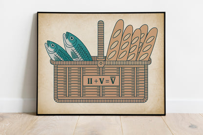 Five Loaves Two Fish Christian Art - Minimal Miracle Math Graphic Wall art, Feeding the 5000 Bible Story Design, Youth Faith Art