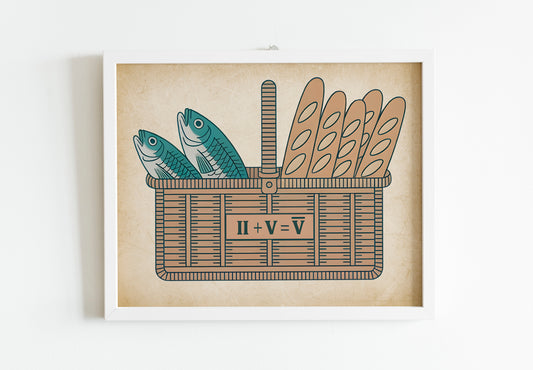 Five Loaves Two Fish Christian Art - Minimal Miracle Math Graphic Wall art, Feeding the 5000 Bible Story Design, Youth Faith Art
