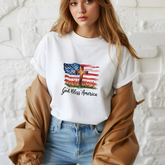 Faith and Freedom T-Shirt – American Flag with Cross Design | Religious USA Flag Shirt – Faith & Freedom Christian T-Shirt
