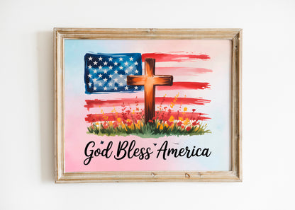God Bless America Christian Patriotic Art - Distressed Flag and Cross Faith Art, USA Faith Graphic Wall art