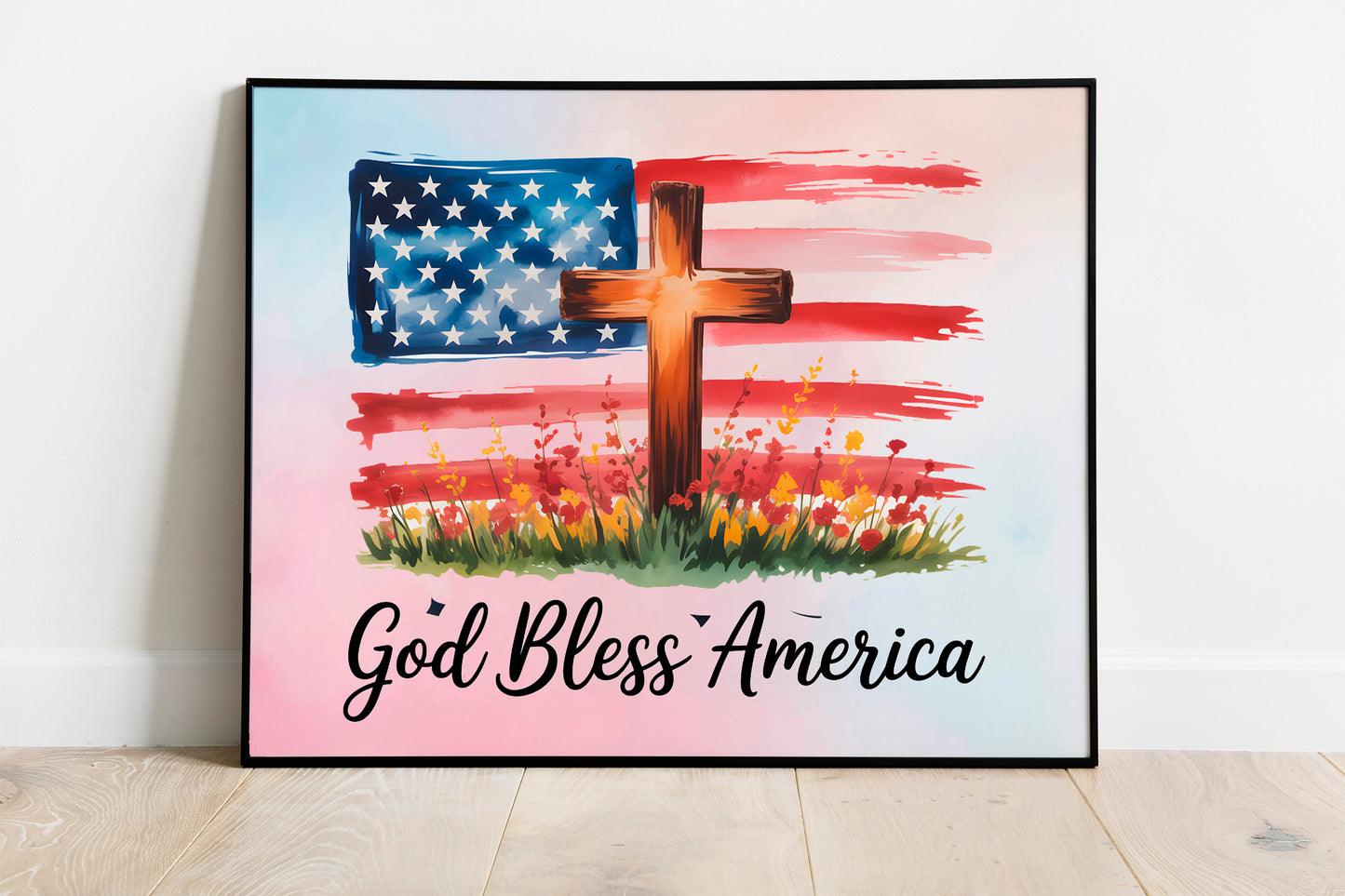 God Bless America Christian Patriotic Art - Distressed Flag and Cross Faith Art, USA Faith Graphic Wall art
