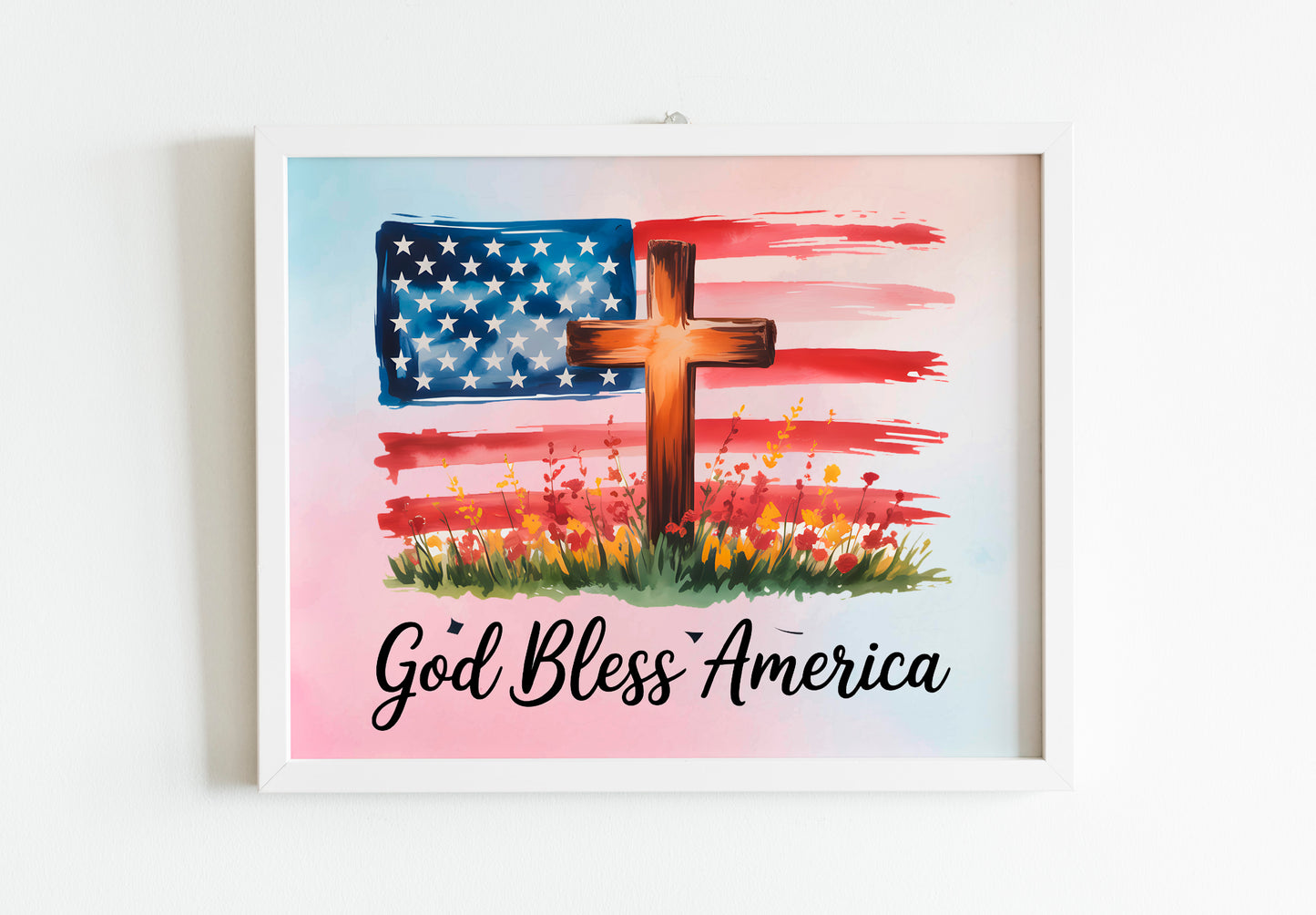 God Bless America Christian Patriotic Art - Distressed Flag and Cross Faith Art, USA Faith Graphic Wall art