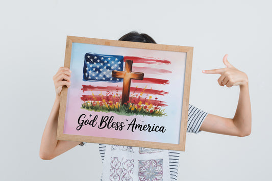 God Bless America Christian Patriotic Art - Distressed Flag and Cross Faith Art, USA Faith Graphic Wall art