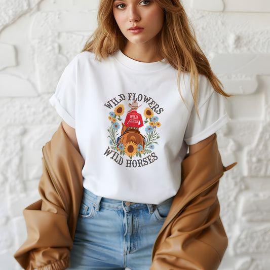Wild Flowers Wild Horses Shirt – Western Cowgirl Riding Tee | Cowgirl Riding Shirt – Wild Flowers & Wild Horses Retro T-Shirt