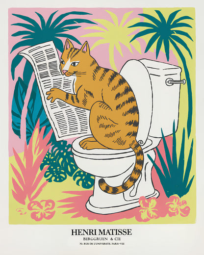 Funny bathroom wall art, Matisse print, Pink dopamine decor, Mid century modern art, Tabby cat on a toilet