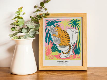 Funny bathroom wall art, Matisse print, Pink dopamine decor, Mid century modern art, Tabby cat on a toilet