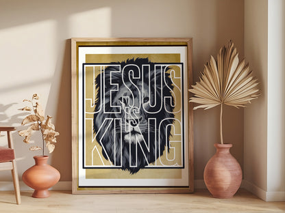 Jesus Is King Lion of Judah Art - Bold Christian Statement Wall art with Powerful Graphic, Worship Art for Men and Women