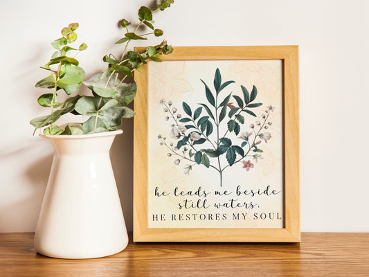 He Leads Me Beside Still Waters Art - Psalm 23 Inspired Christian Art, Calming Scripture Wall art for Peace and Comfort