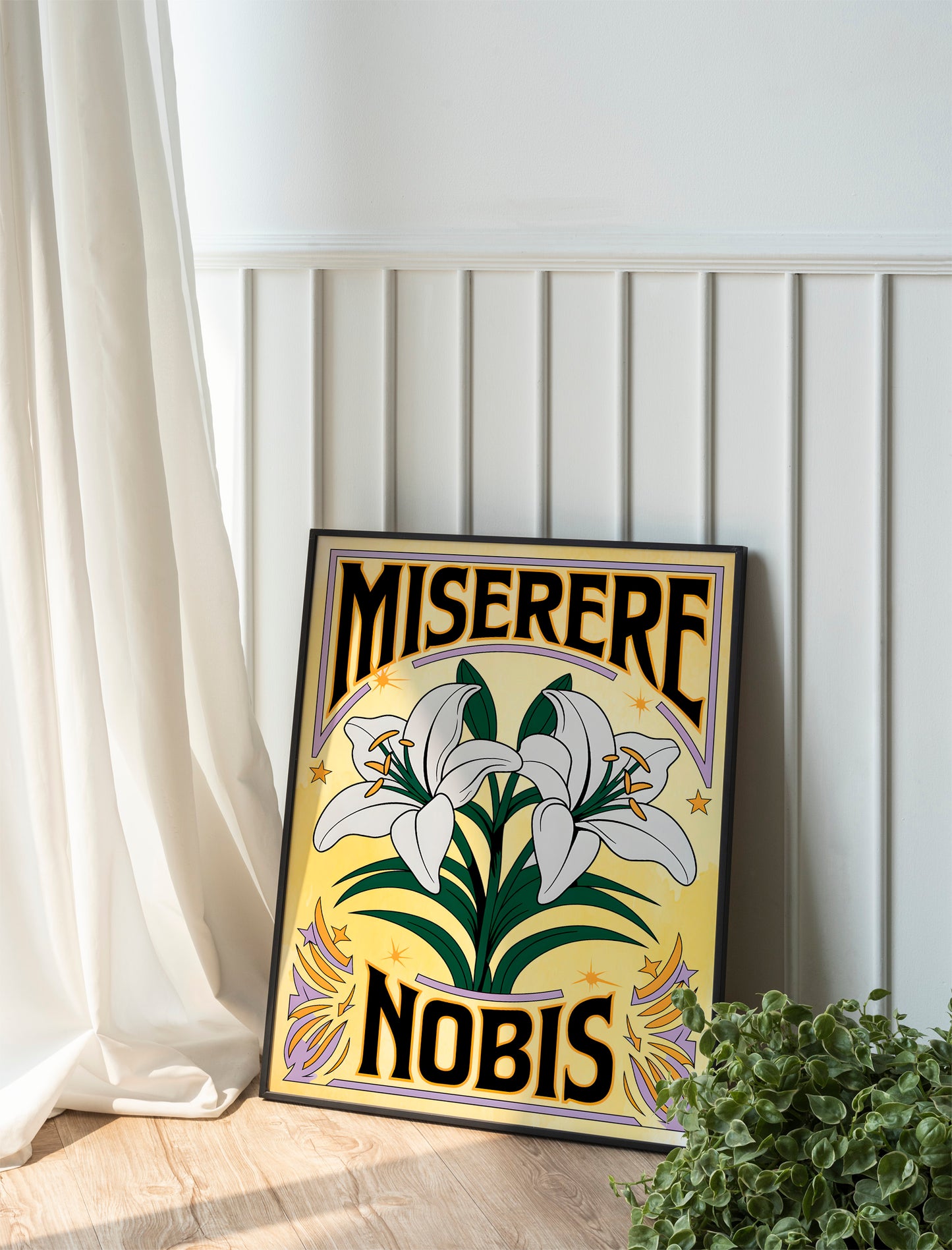 Miserere Nobis Christian Art - Latin Prayer Wall art with Lily Illustration, Traditional Catholic Inspired Faith Art