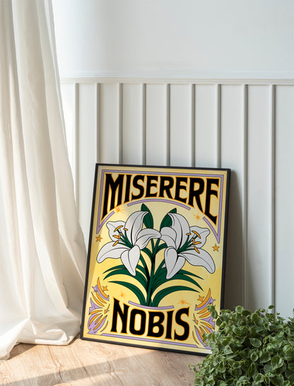 Miserere Nobis Christian Art - Latin Prayer Wall art with Lily Illustration, Traditional Catholic Inspired Faith Art