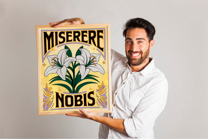 Miserere Nobis Christian Art - Latin Prayer Wall art with Lily Illustration, Traditional Catholic Inspired Faith Art