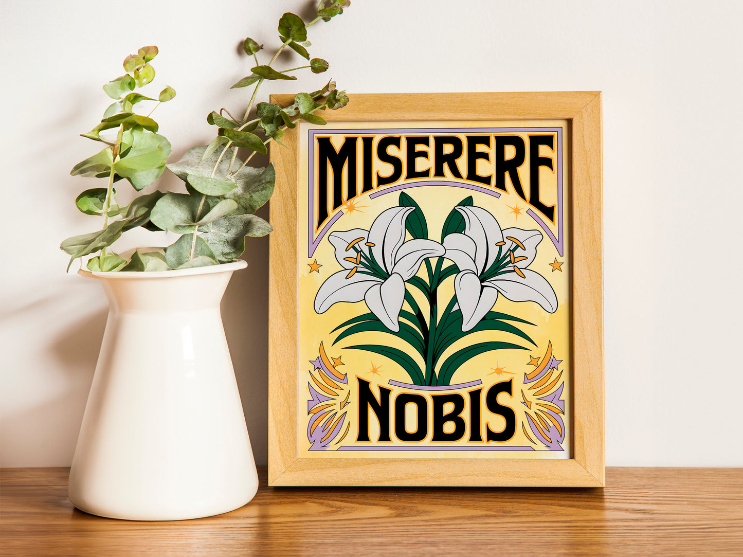 Miserere Nobis Christian Art - Latin Prayer Wall art with Lily Illustration, Traditional Catholic Inspired Faith Art