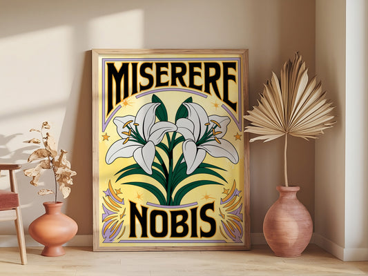 Miserere Nobis Christian Art - Latin Prayer Wall art with Lily Illustration, Traditional Catholic Inspired Faith Art