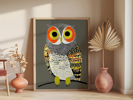 Golden Owl Art Print, Whimsical Home Decor for Living Room, Kitchen, Entryway, Housewarming or Christmas Gift