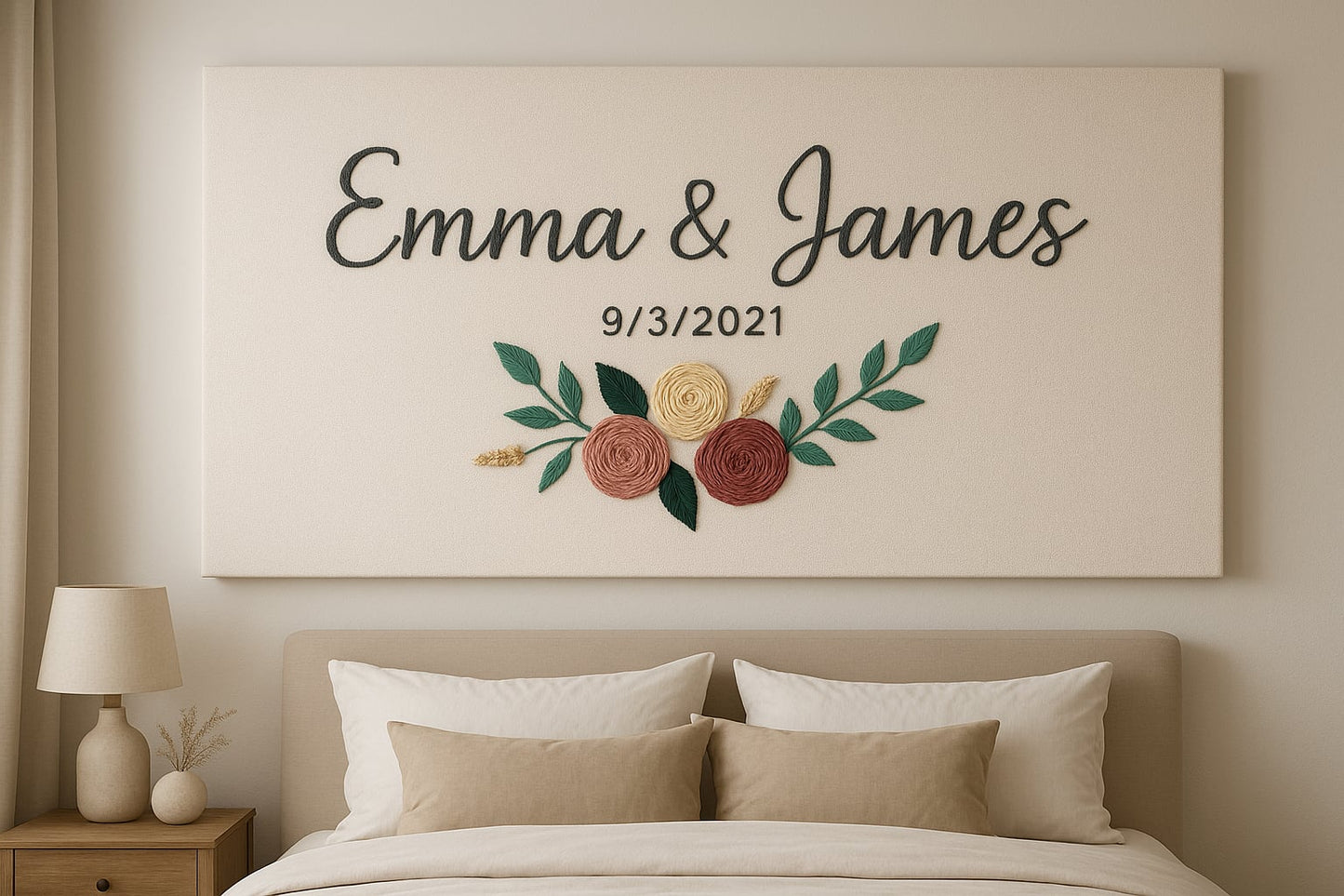 Custom Couple Name Sign Wedding Date Canvas with Floral Design