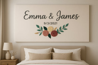 Custom Couple Name Sign Wedding Date Canvas with Floral Design