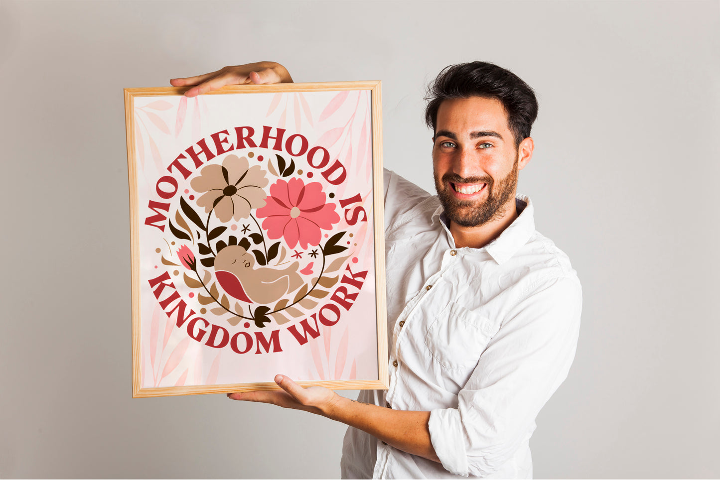 Motherhood Is Kingdom Work Art - Christian Mom Wall art with Floral Accents, Encouraging FaithBased Parenting Art