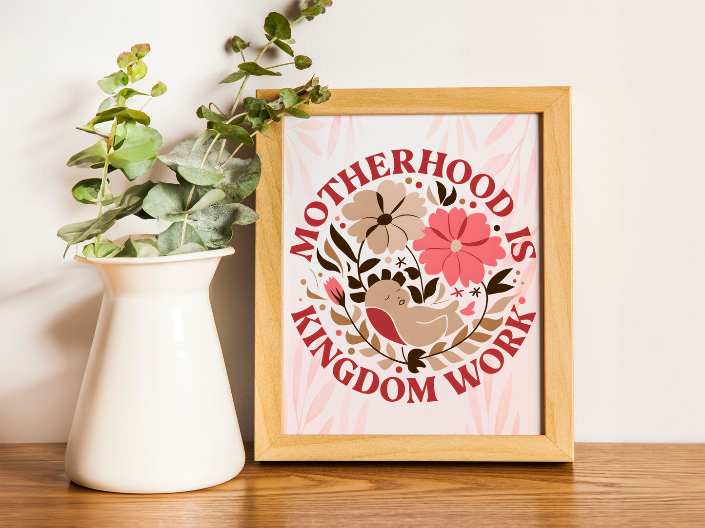 Motherhood Is Kingdom Work Art - Christian Mom Wall art with Floral Accents, Encouraging FaithBased Parenting Art