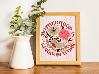 Motherhood Is Kingdom Work Art - Christian Mom Wall art with Floral Accents, Encouraging FaithBased Parenting Art