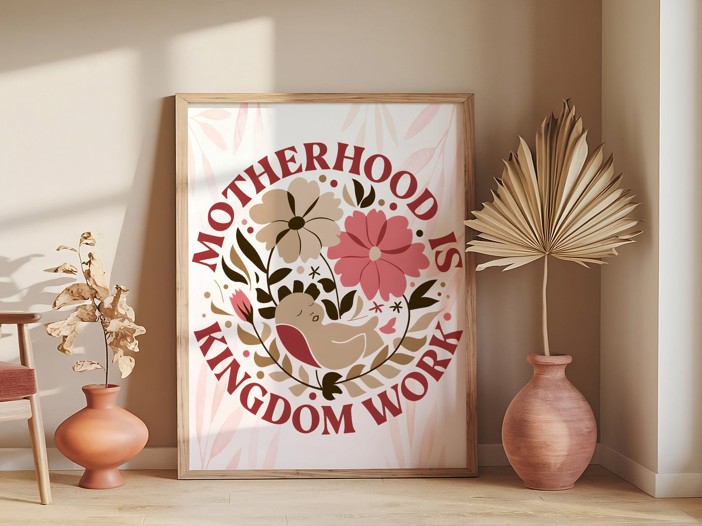 Motherhood Is Kingdom Work Art - Christian Mom Wall art with Floral Accents, Encouraging FaithBased Parenting Art