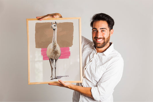 llama Portrait Print, Mustard Color Background Art, Abstract and Realistic Wall Decor Statement