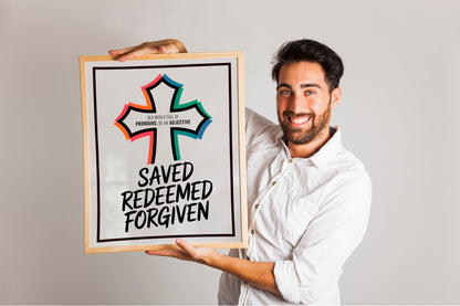 Saved Redeemed Forgiven Christian Cross Art - Bold Typography Scripture Wall art, Youth Faith Identity Art