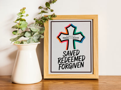 Saved Redeemed Forgiven Christian Cross Art - Bold Typography Scripture Wall art, Youth Faith Identity Art