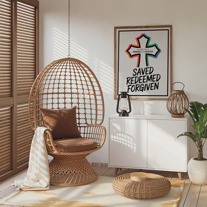 Saved Redeemed Forgiven Christian Cross Art - Bold Typography Scripture Wall art, Youth Faith Identity Art