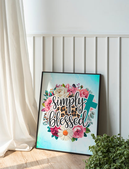 Simply Blessed Christian Art - Leopard Print Floral Cross Design, Faith-Based Trendy Art for Women and Wall art