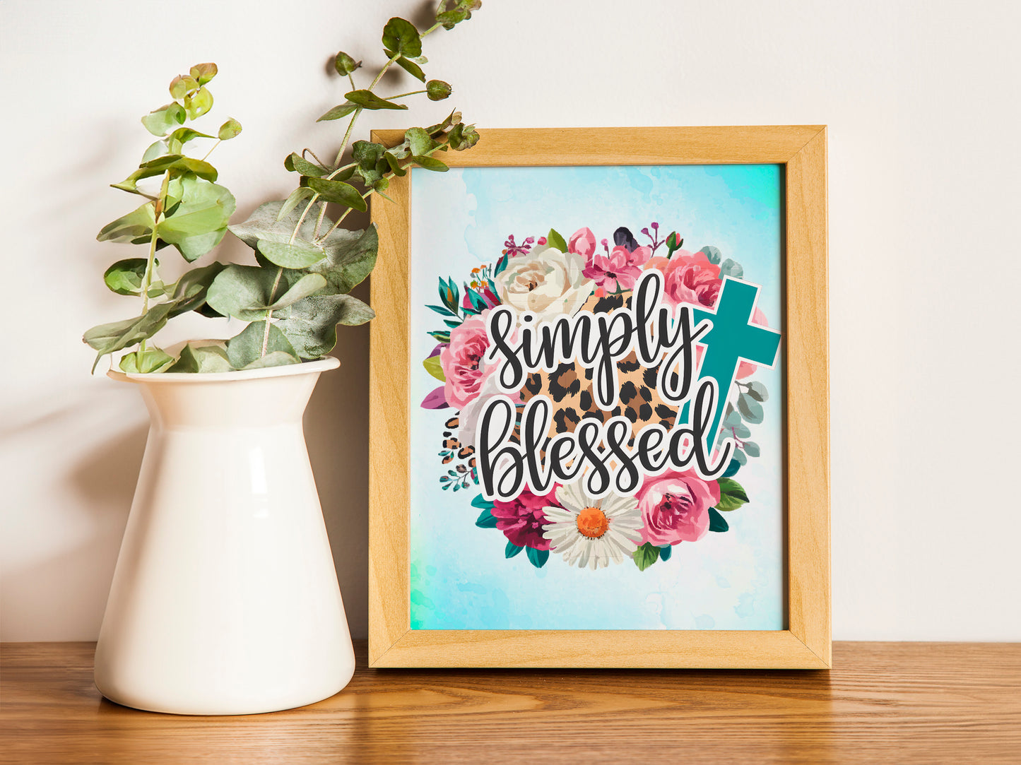 Simply Blessed Christian Art - Leopard Print Floral Cross Design, Faith-Based Trendy Art for Women and Wall art