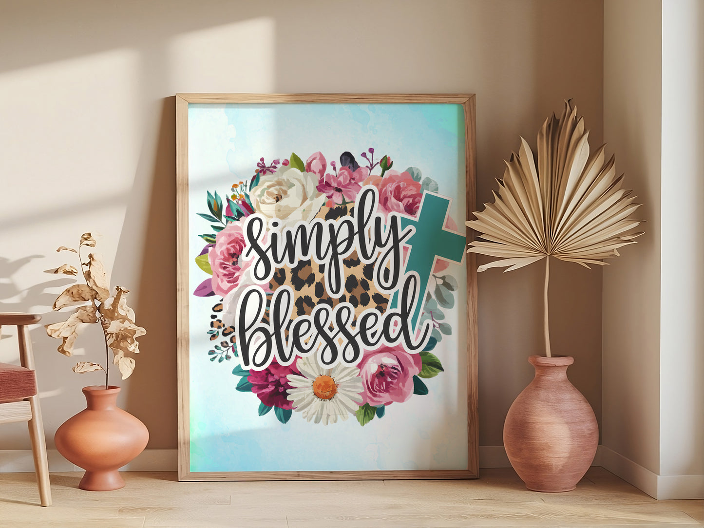 Simply Blessed Christian Art - Leopard Print Floral Cross Design, Faith-Based Trendy Art for Women and Wall art
