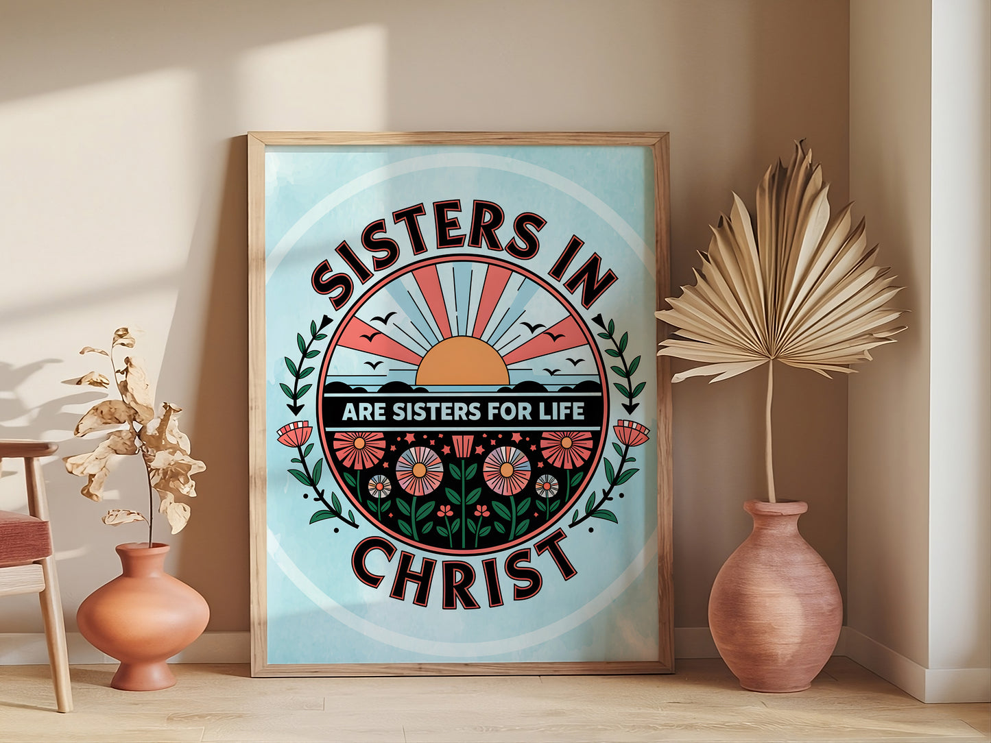 Sisters in Christ Christian Art - Faith Friendship Wall art for Women, Bible Study Group Art with Sisterhood Theme
