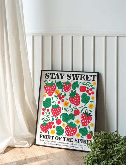Stay Sweet Fruit of the Spirit Art - Christian Art with Strawberry and Floral Design, Kindness-Themed Faith Wall art for Women and Wall art