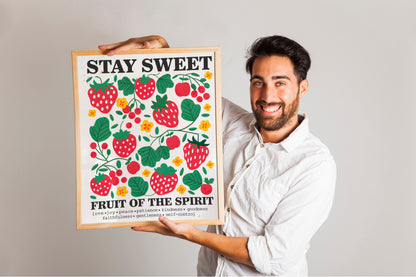 Stay Sweet Fruit of the Spirit Art - Christian Art with Strawberry and Floral Design, Kindness-Themed Faith Wall art for Women and Wall art